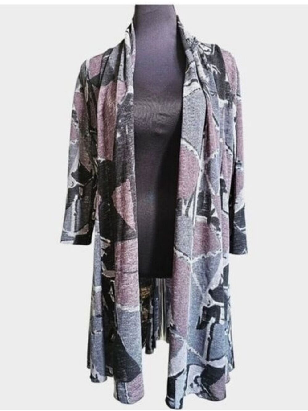CREATION 3/4 Sleeve Purple & Gray Open Front Cover Up Cardigan Size Large NWT